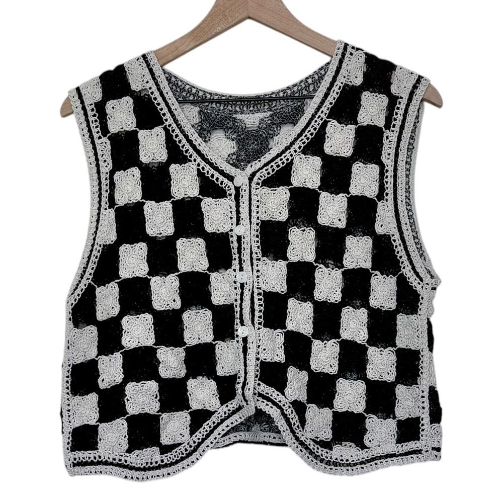 SHEIN Black and White Crochet Check Vest